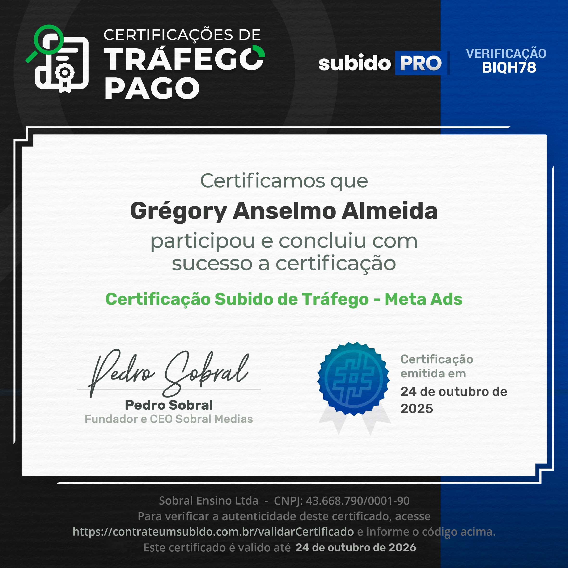 Certificado Meta Ads Subido PRO